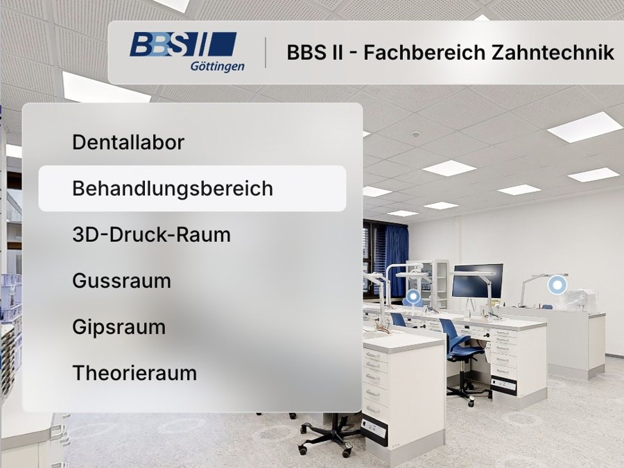 Beispiel für Sprungmarken: Menü mit den Bereichen Dentallabor, Behandlungsbereich, 3D-Druck-Raum, Gussraum, Gipsraum und Theorieraum im Rundgang der BBS II Göttingen